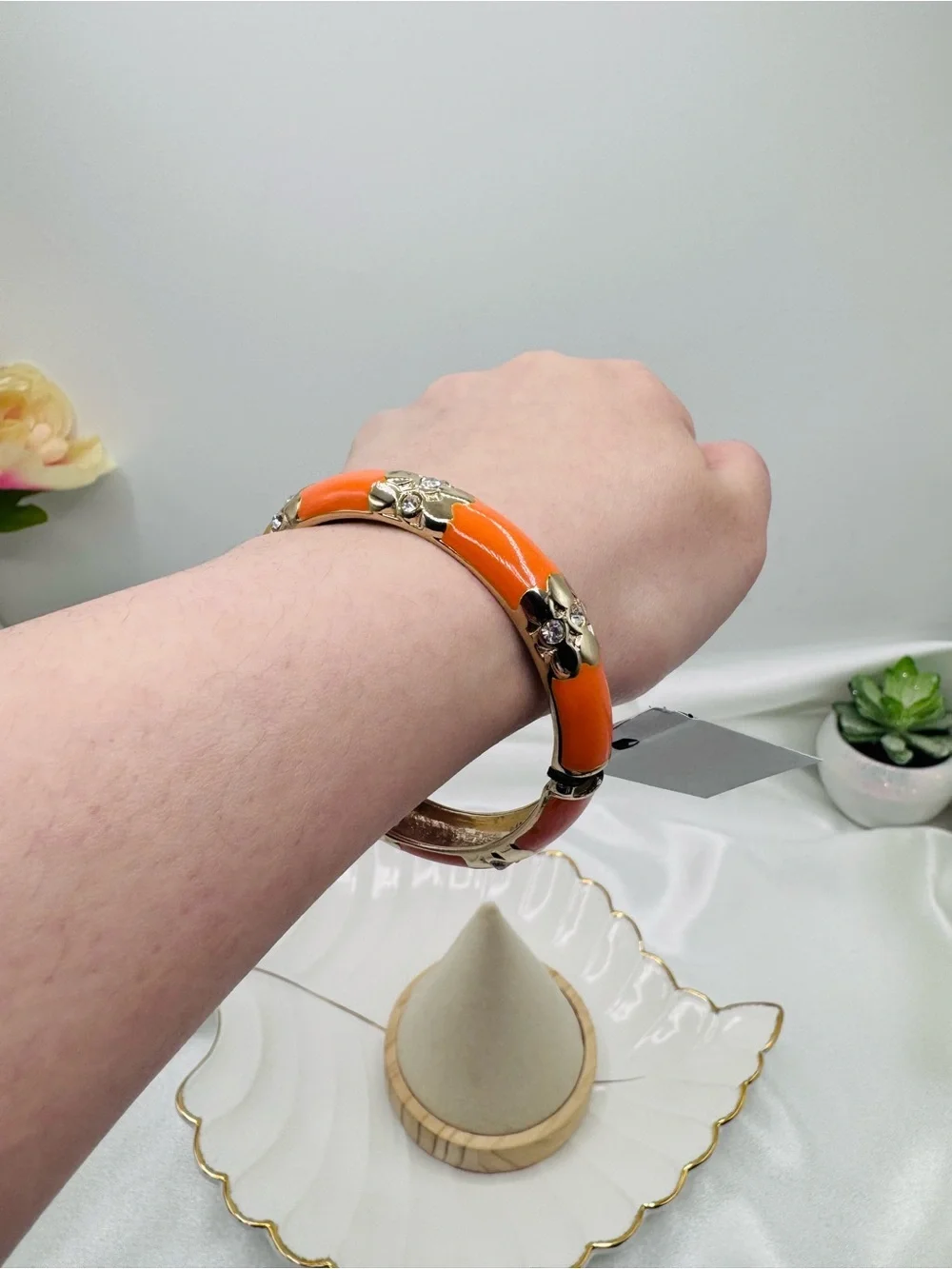 Orange Enamel Gold Tone Crystal Floral Hinged Bangle Bracelet